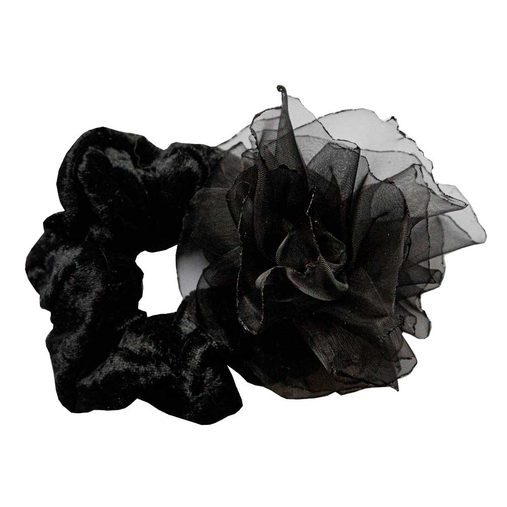 Musta scrunchie organza-ruusukkeella