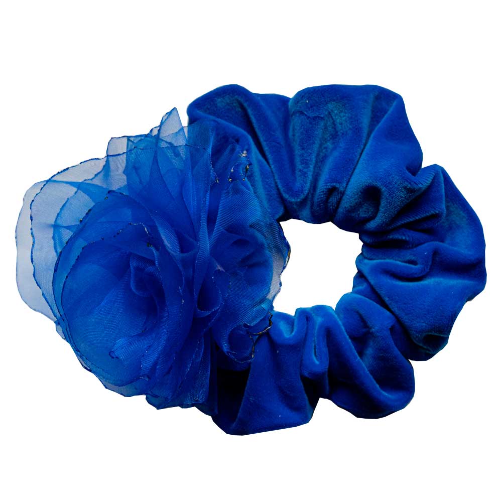 Sininen scrunchie organza-ruusukkeella